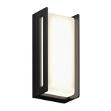 A modern wall sconce with a rectangular black metal frame and a frosted white light panel, designed with clean, minimalist lines and a soft glow.