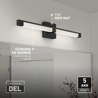 Artika Tivoli 27-in Integrated LED 5-CCT Vanity Light Bar in matte black above a bathroom mirror, highlighting its efficient design and warranty.