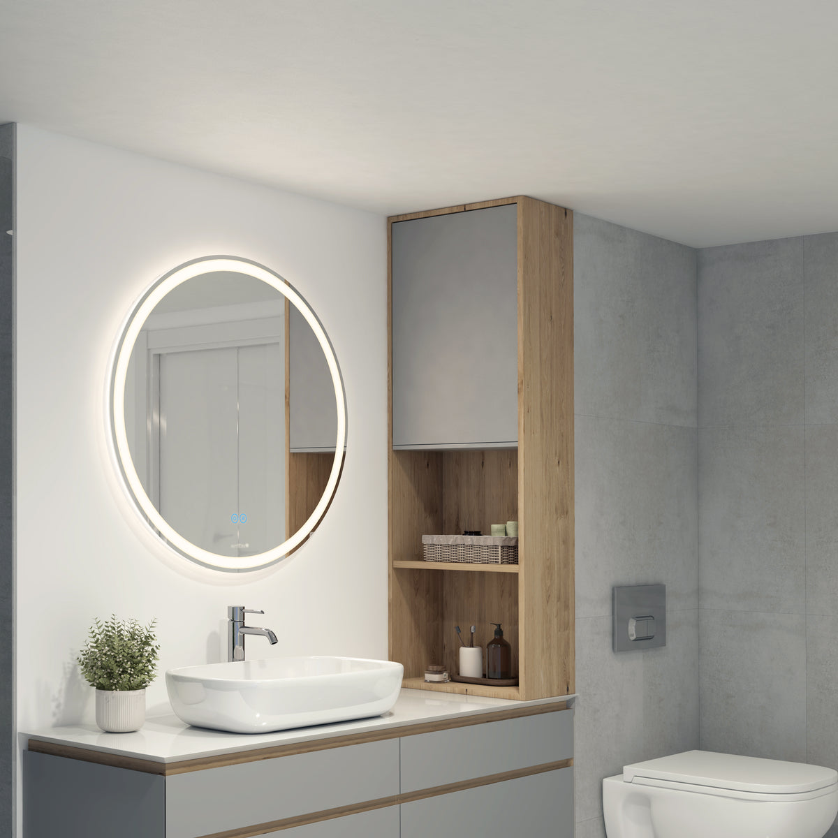 Modern bathroom featuring the Artika Ayla 28 in. LED mirror with defogger above a sink, light wood shelves holding towels and toiletries, gray cabinetry, a potted plant, and a wall-mounted toilet.