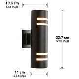 A cylindrical black wall light fixture with horizontal light bands, mounted on a rectangular base. Measurements are shown: height 32.7 cm, width 13.8 cm, and depth 11 cm, with inch equivalents provided.