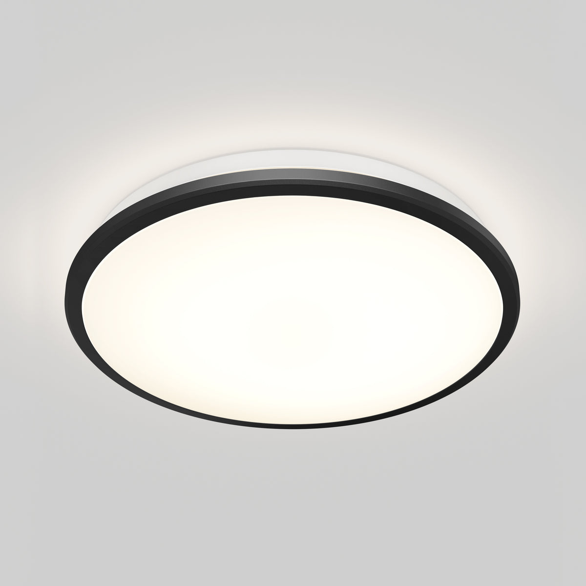 The Artika Vera 13 in. LED Flush Mount Ceiling Light features a black rim, bright white center, and dimmable modern lighting.
