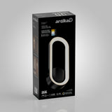 A black box packaging of the Artika Aiden LED wall light, featuring an image of the oval-shaped light fixture with a glowing ring, product specifications, and energy rating labels on the front.