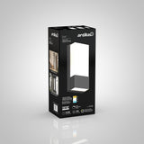 A black rectangular box for an Artika Dixon LED outdoor wall light, featuring product images, technical details, and branding on the packaging.