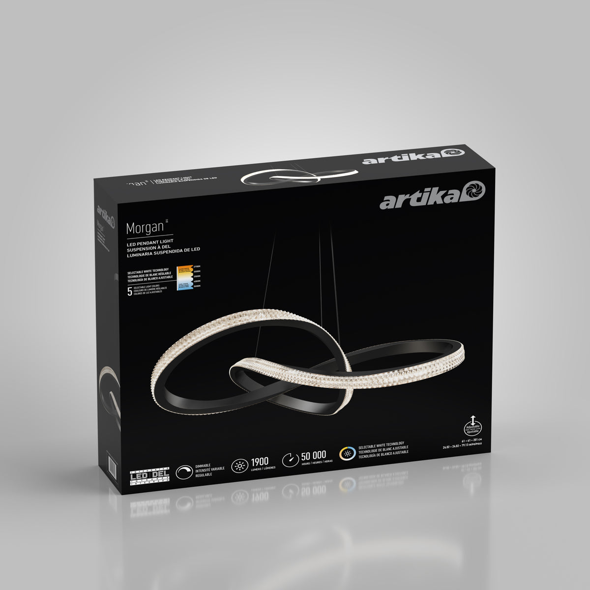A black box featuring the Artika Morgan LED pendant light, showcasing a modern, looped design with integrated LEDs. Key product features and specifications are displayed on the front of the packaging.