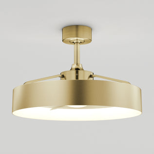 The Artika Austin 23 in. LED modern ceiling fan features a brushed gold finish, wide cylindrical shade, quiet motor, soft even light, and remote control—perfect for mounting close to white ceilings.