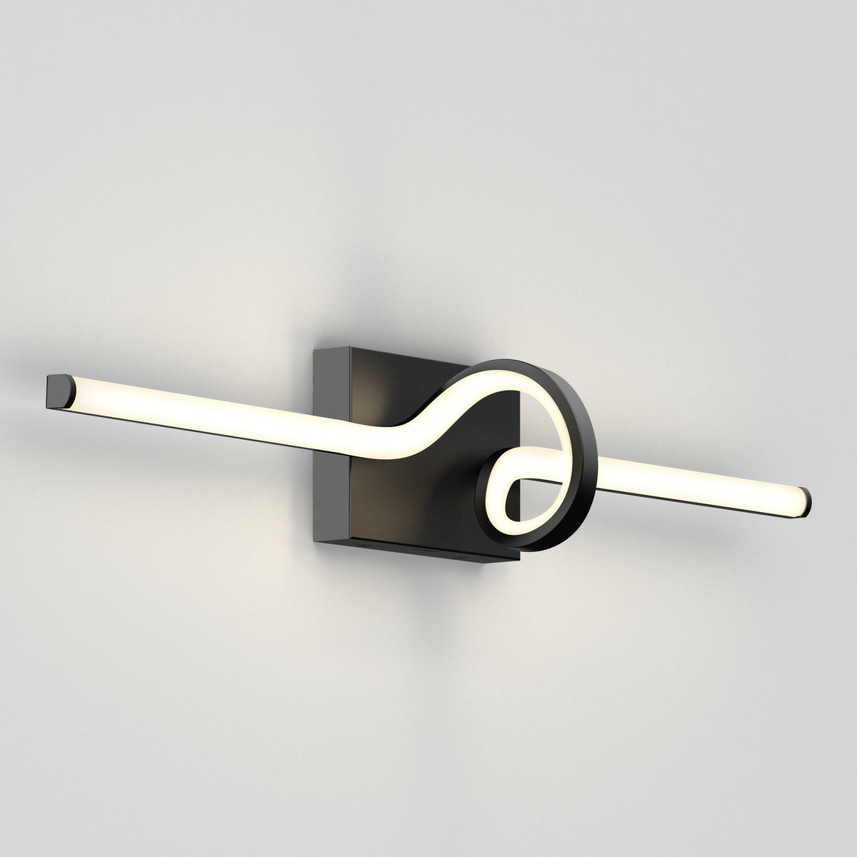 A modern wall-mounted light fixture featuring a long horizontal LED tube with a looped, curved section at the center, attached to a rectangular black base against a plain white wall.