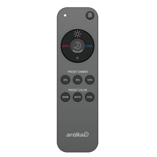 The Artika Sparkle LED flush mount light comes with a black remote featuring on/off, color temperature (warm, cool, night light), preset dimmer levels (20%, 50%, 100%), and preset color options (warm, white, cool).