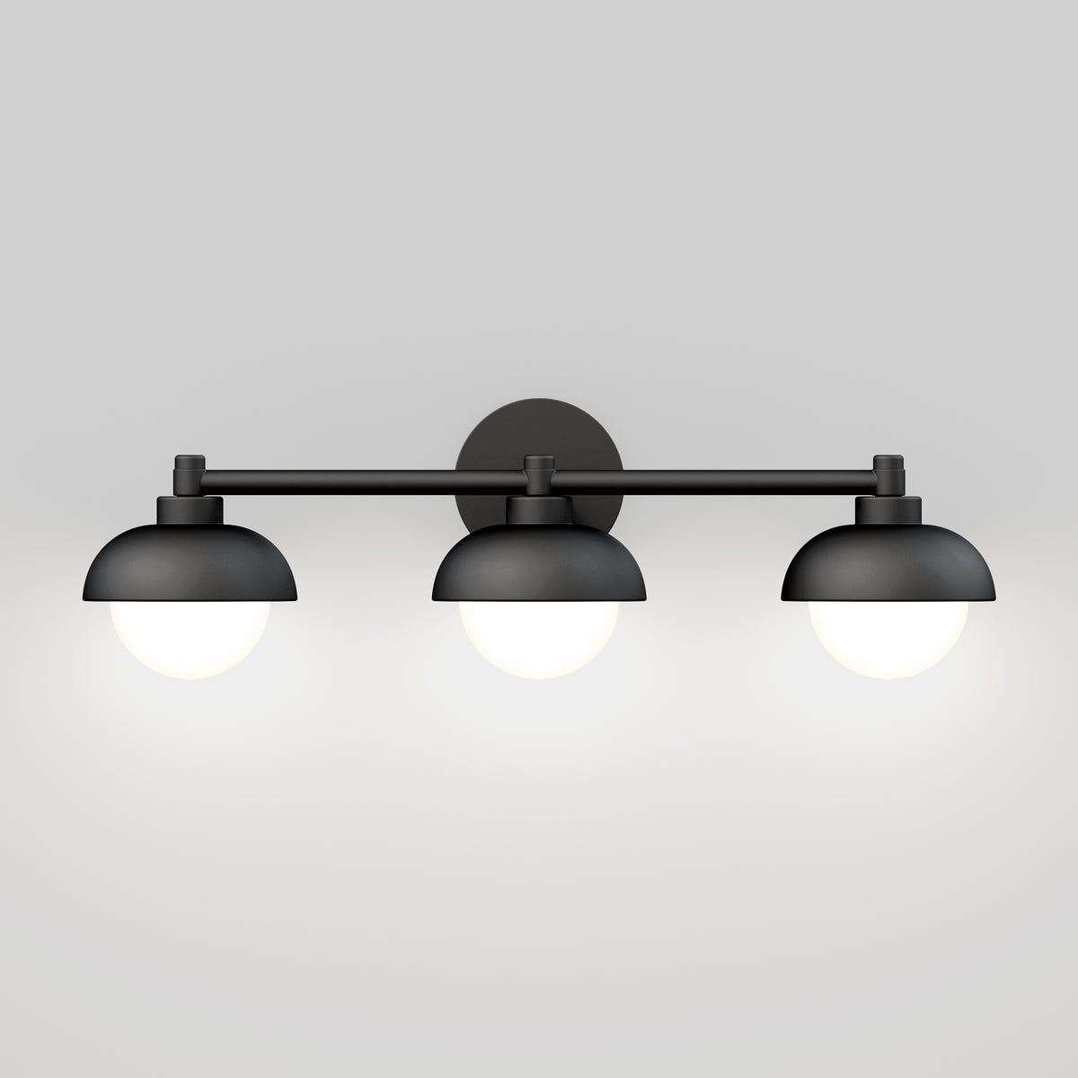 The Artika Boden 27-in (69 cm) Integrated LED 5-CCT Vanity Light Bar for Bathroom, a modern black fixture, emits adjustable white light and is displayed against a plain light gray background.