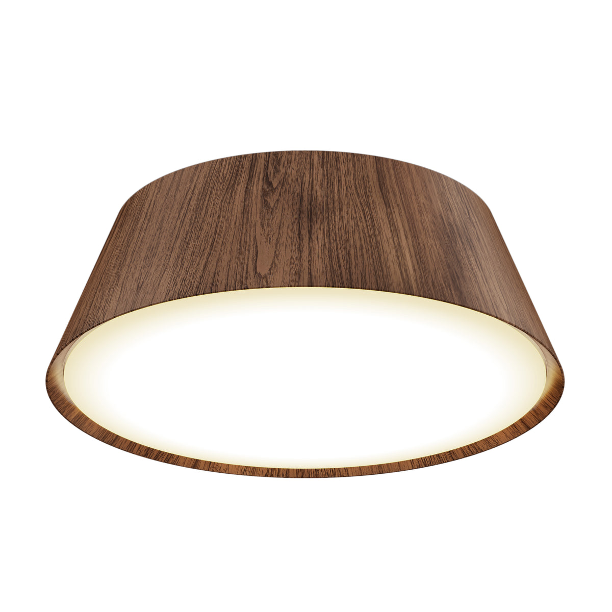 A modern, circular ceiling light with a wooden exterior finish and a glowing white center, viewed from below.