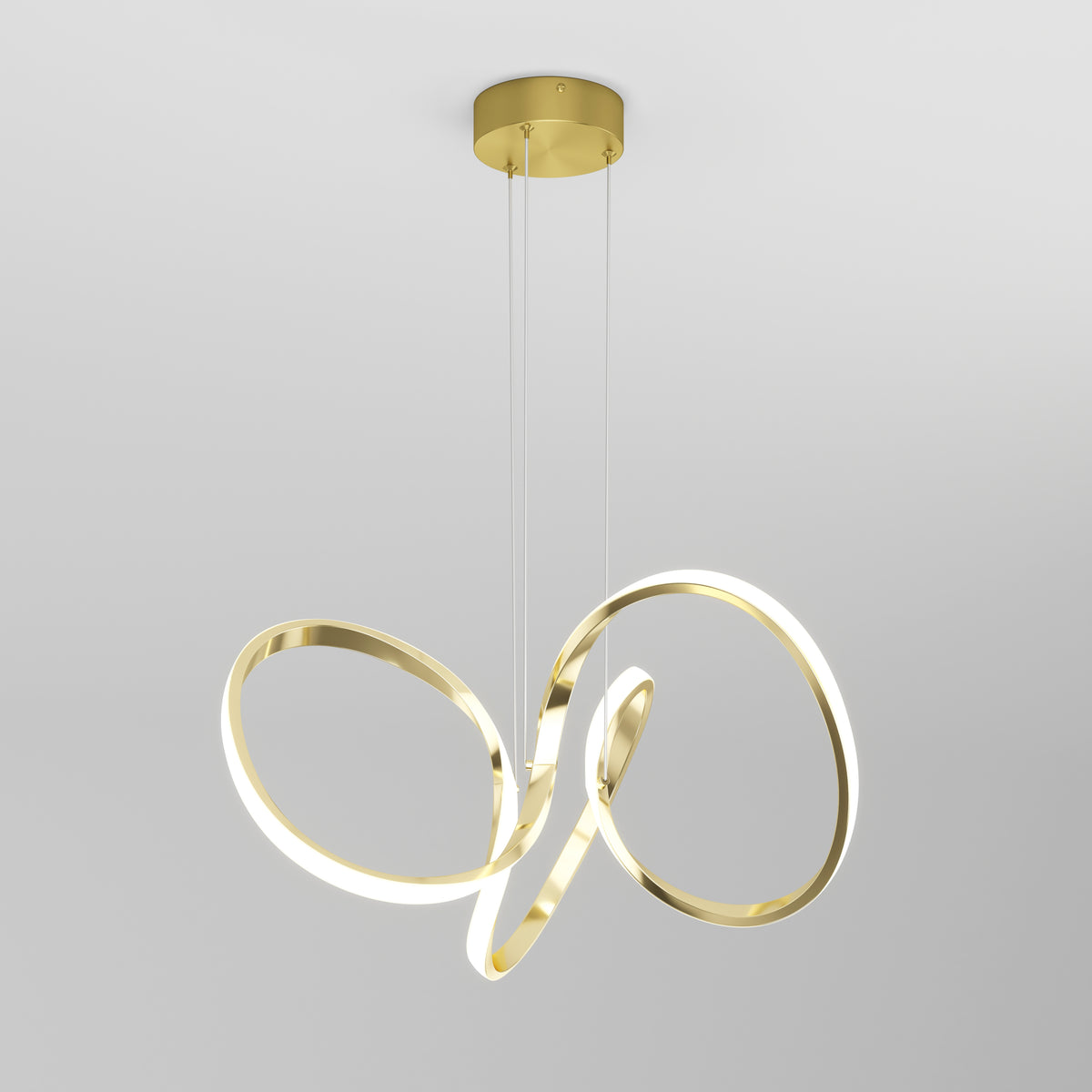 The Artika Swirl LED pendant light features intertwined, looping LED lights suspended from a round gold ceiling mount, creating a modern look against a plain white background.