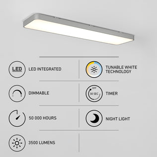 Artika Europa 48 in. x 12 in. Modern Flush Mount Ceiling Light with icons for dimmable, timer, night light, and 3500 lumen features.