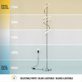 The Artika Coda modern LED floor lamp 5CCT features five selectable white light color temperatures (2700K–5000K) from warm to cool, shown on a split background with selectable white text at the bottom.