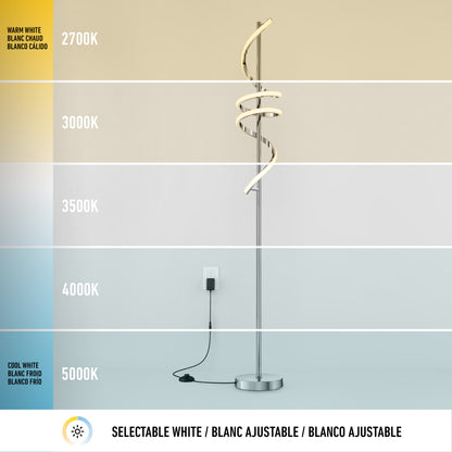 The Artika Coda modern LED floor lamp 5CCT features five selectable white light color temperatures (2700K–5000K) from warm to cool, shown on a split background with selectable white text at the bottom.