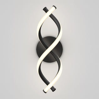 The Artika DNA modern LED wall sconce 3 CCT features integrated LEDs and a black circular base with two curved bars—one black, one glowing white—forming a double helix for stylish, efficient lighting against a light gray backdrop.