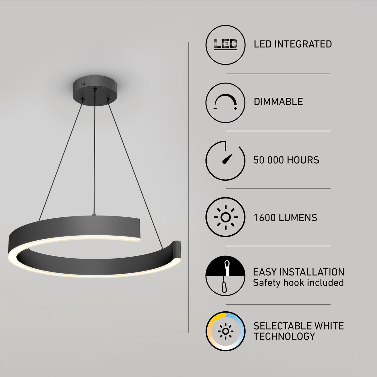 Modern circular pendant LED light fixture with features listed: LED integrated, dimmable, 50,000-hour lifespan, 1600 lumens, easy installation with safety hook, and selectable white color technology.