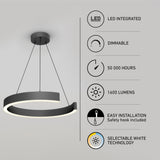 Modern circular pendant LED light fixture with features listed: LED integrated, dimmable, 50,000-hour lifespan, 1600 lumens, easy installation with safety hook, and selectable white color technology.