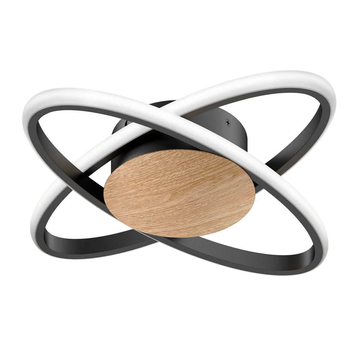 A modern ceiling light fixture with two intersecting black and white LED rings and a central wooden disc mounted on a black base.