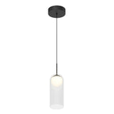 A modern pendant light with a black circular ceiling mount, a slim black cord, and a clear cylindrical glass shade enclosing a round white bulb.
