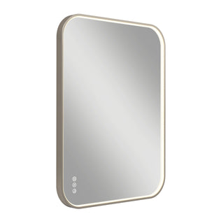 The Artika Royce Dimmable LED Mirror, 3 CCT, is shown on a white background. It features rounded edges, a soft adjustable light framing the glass, and three touch buttons including a defogger in the lower left corner. Suitable for horizontal or vertical mount.