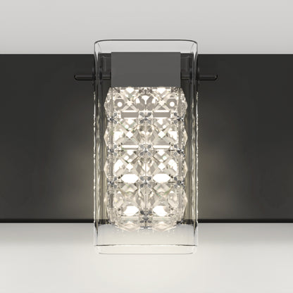 The Artika Crystal Cube LED bathroom vanity light features a transparent geometric glass cover, a sleek black rectangular base, and offers bright white illumination with 5 CCT options.