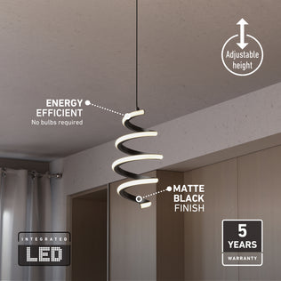 The Artika Chorus 1-light LED pendant 5 CCT features a modern spiral design with a matte black finish. It offers adjustable height, 5-color white technology, energy efficiency, no bulbs required, and comes with a five-year warranty.