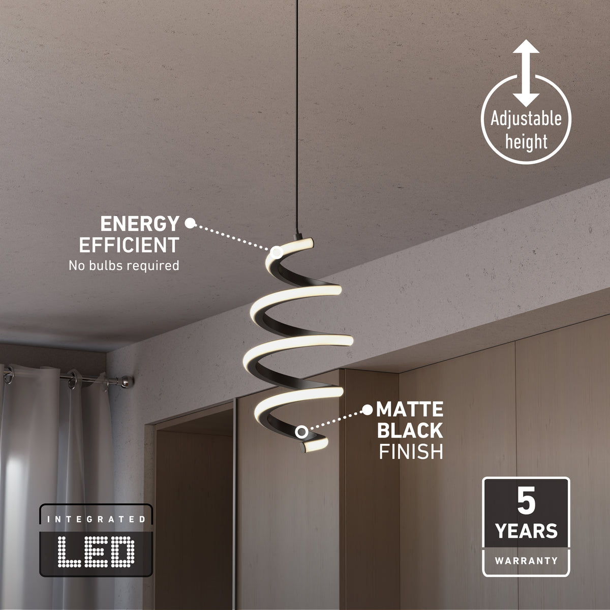 A modern spiral pendant light with an integrated LED hangs from the ceiling. Labels highlight its energy efficiency, matte black finish, adjustable height, and 5-year warranty. The room features light wood cabinets and gray curtains.