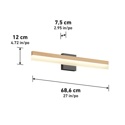 The Artika Neil modern LED bathroom vanity light is a rectangular wall-mounted fixture with wood finish, measuring 68.6 cm x 12 cm x 7.5 cm (27 x 4.72 x 2.95 inches). Dimensions are shown in both centimeters and inches.