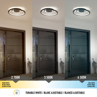 Three side-by-side images show the Artika Salto LED flush mount light above a door with 2700K, 3500K, and 4500K color temperatures, illustrating its tunable white lighting feature.