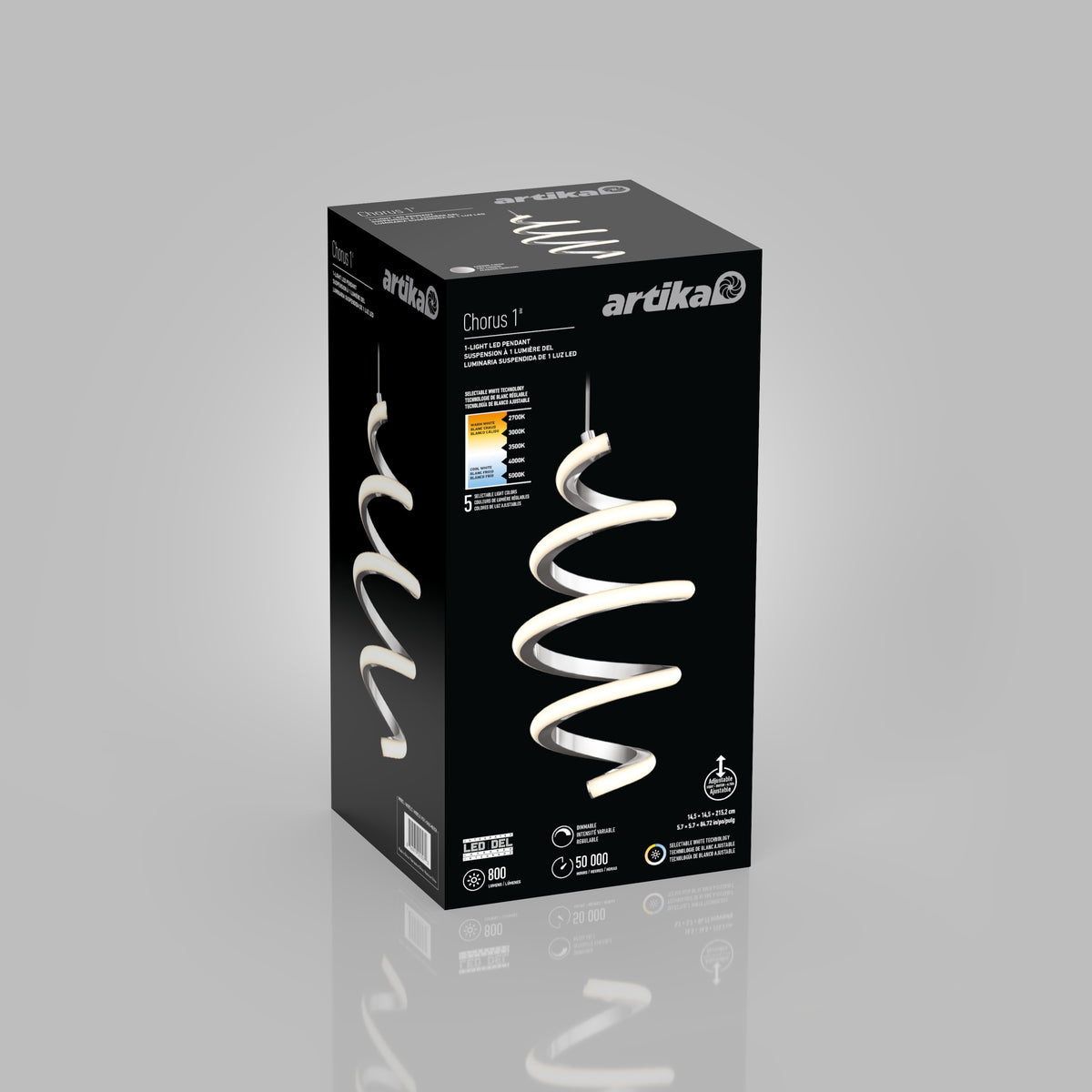 A black Artika Chorus 1-light LED pendant 5 CCT box features a spiral-shaped white light, product details, and icons set against a gray background.