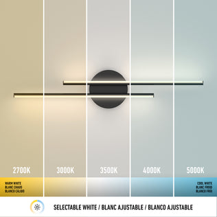The Artika Cisco 27-in (69 cm) Integrated LED 5-CCT Vanity Light Bar is shown with two horizontal bars across five color segments, illustrating adjustable color temperature (2700K–5000K). Labels are in English, French, and Spanish. Ideal for bathrooms.