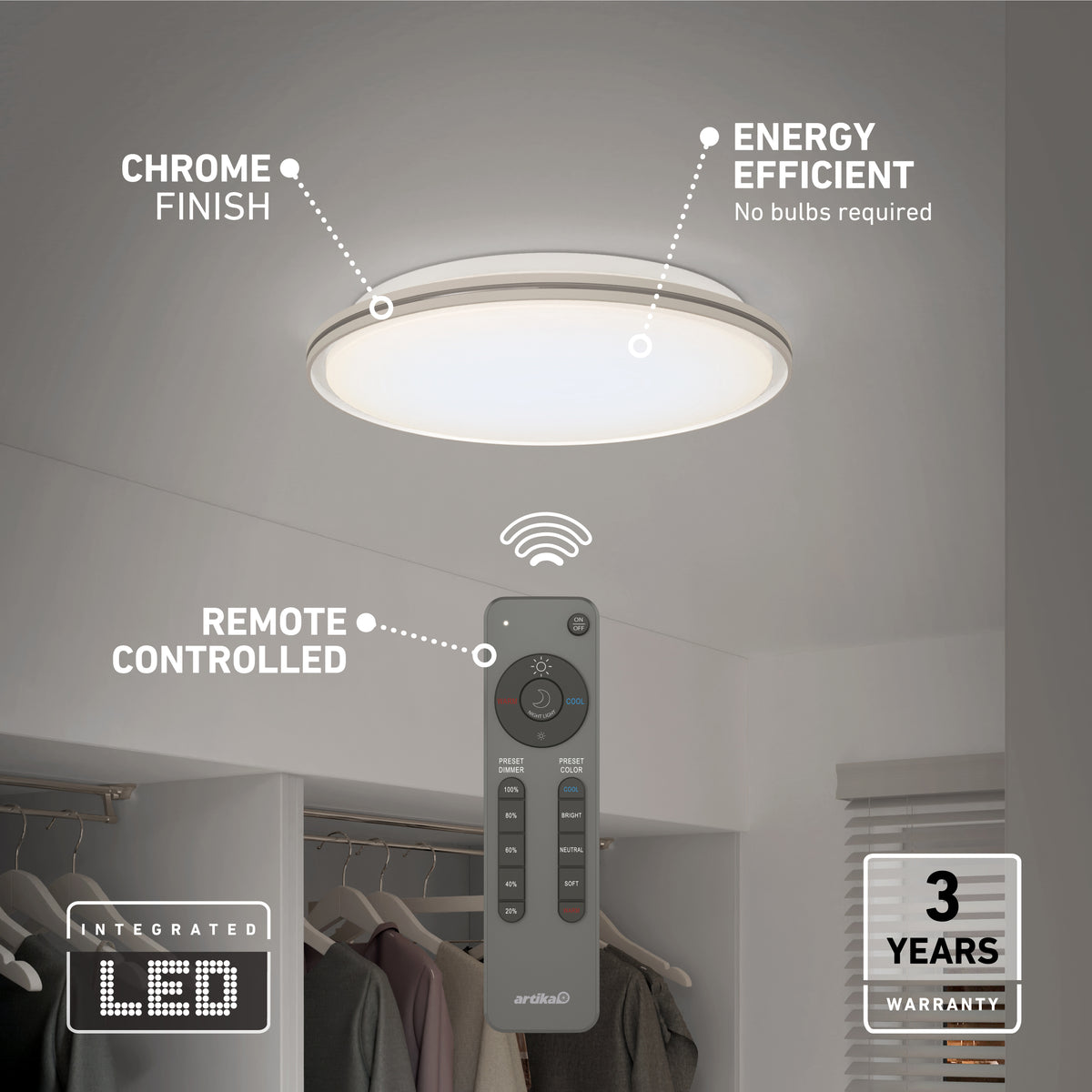 Round LED ceiling light with chrome finish in a closet, featuring labels: “Energy Efficient, no bulbs required,” “Chrome Finish,” “Remote Controlled.” Includes a remote control and a 3 Years Warranty badge.