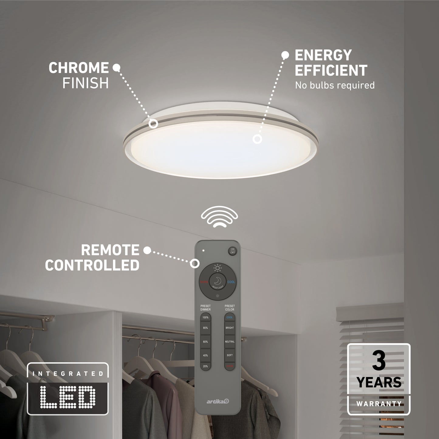 The Artika Astrid 16.5 in. LED flush mount light features 5 CCT settings, energy-efficient LED technology, a chrome finish, and remote control. Labels highlight features, and a 3-year warranty badge appears at the bottom right above a closet area.