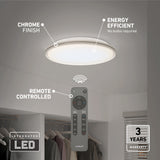 Round LED ceiling light with chrome finish in a closet, featuring labels: “Energy Efficient, no bulbs required,” “Chrome Finish,” “Remote Controlled.” Includes a remote control and a 3 Years Warranty badge.