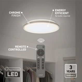 Artika Astrid 16.5" LED flush mount, 5 CCT, dimmable with remote & chrome finish—energy efficient, ideal above a closet.
