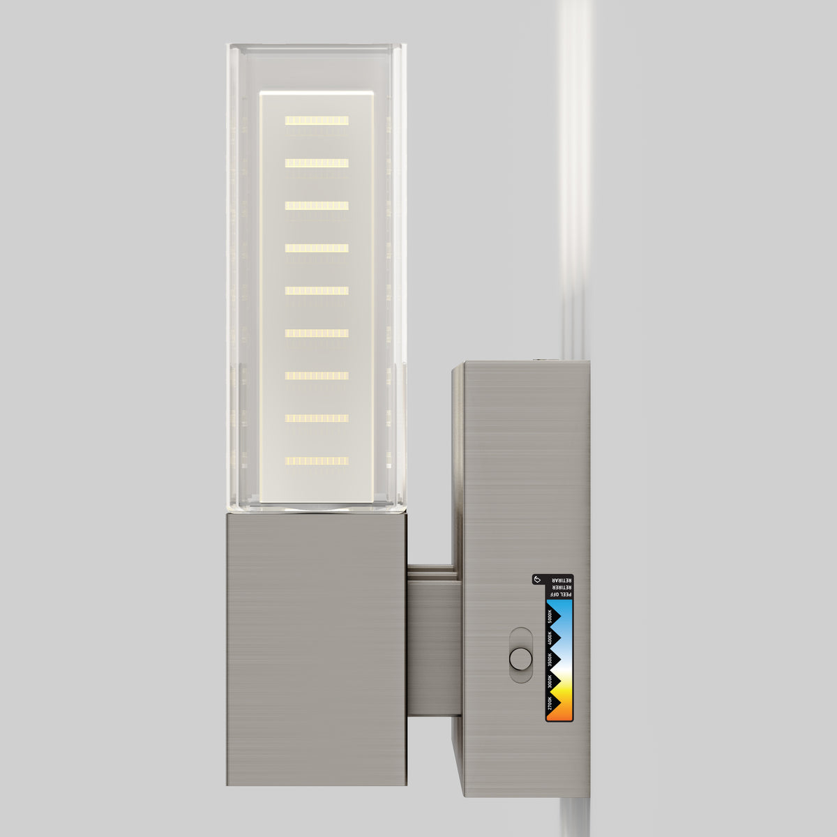 The Artika Hologram LED modern bathroom vanity light 5 CCT features a dimmable rectangular design with a side control panel.