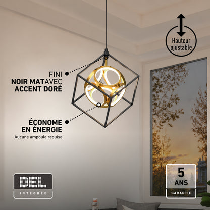 Artika Mini Luxury LED pendant light: a gold spherical fixture inside a black square frame with labels for adjustable height and efficiency.