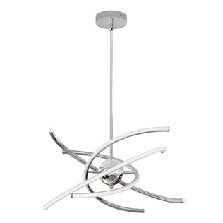 The Silvio LED pendant light 3 CCT by Artika features four intersecting chrome arms with integrated LED lights, suspended from a straight rod and round ceiling mount, shown against a white background.