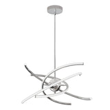 A modern pendant chandelier with a metallic finish, featuring curved, intersecting rods extending from a central sphere, suspended from the ceiling by a straight rod.