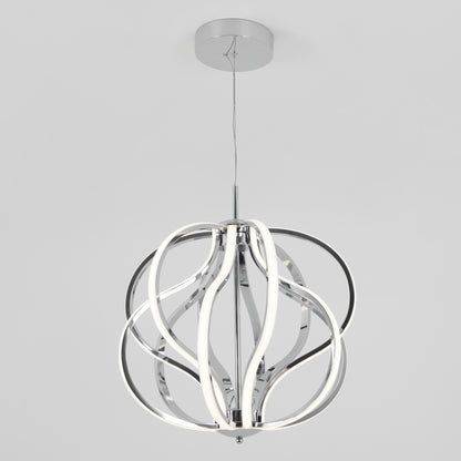 The Artika Meridian LED pendant light features curved, ribbon-like LED strips in a polished chrome finish, suspended from the ceiling by a thin cable against a plain white background.