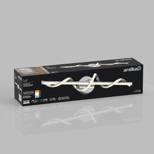 A black and gray rectangular Artika box for the Coda modern LED bathroom vanity light 5 CCT, showing an image of the wavy chrome fixture on the front with branding and product details.