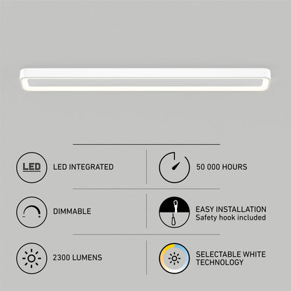 The Artika Aiden 48 in. LED modern flush mount light features a rectangular matte black design, 50,000-hour lifespan, dimmable settings, easy installation, 2300 lumens output, and selectable white technology (5 CCT).