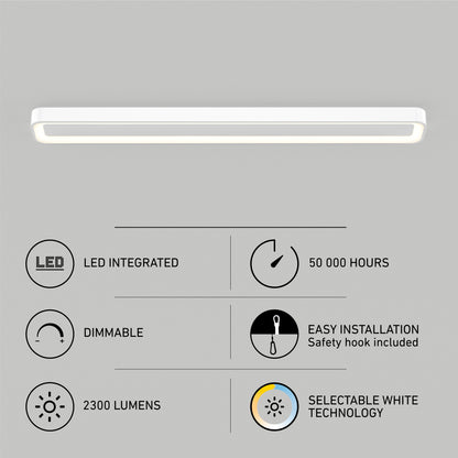 The Artika Aiden 48 in. LED modern flush mount light 5 CCT features integrated LEDs, up to 50,000-hour lifespan, dimming, easy installation with safety hook, 2300 lumens output, and selectable color temperature technology.