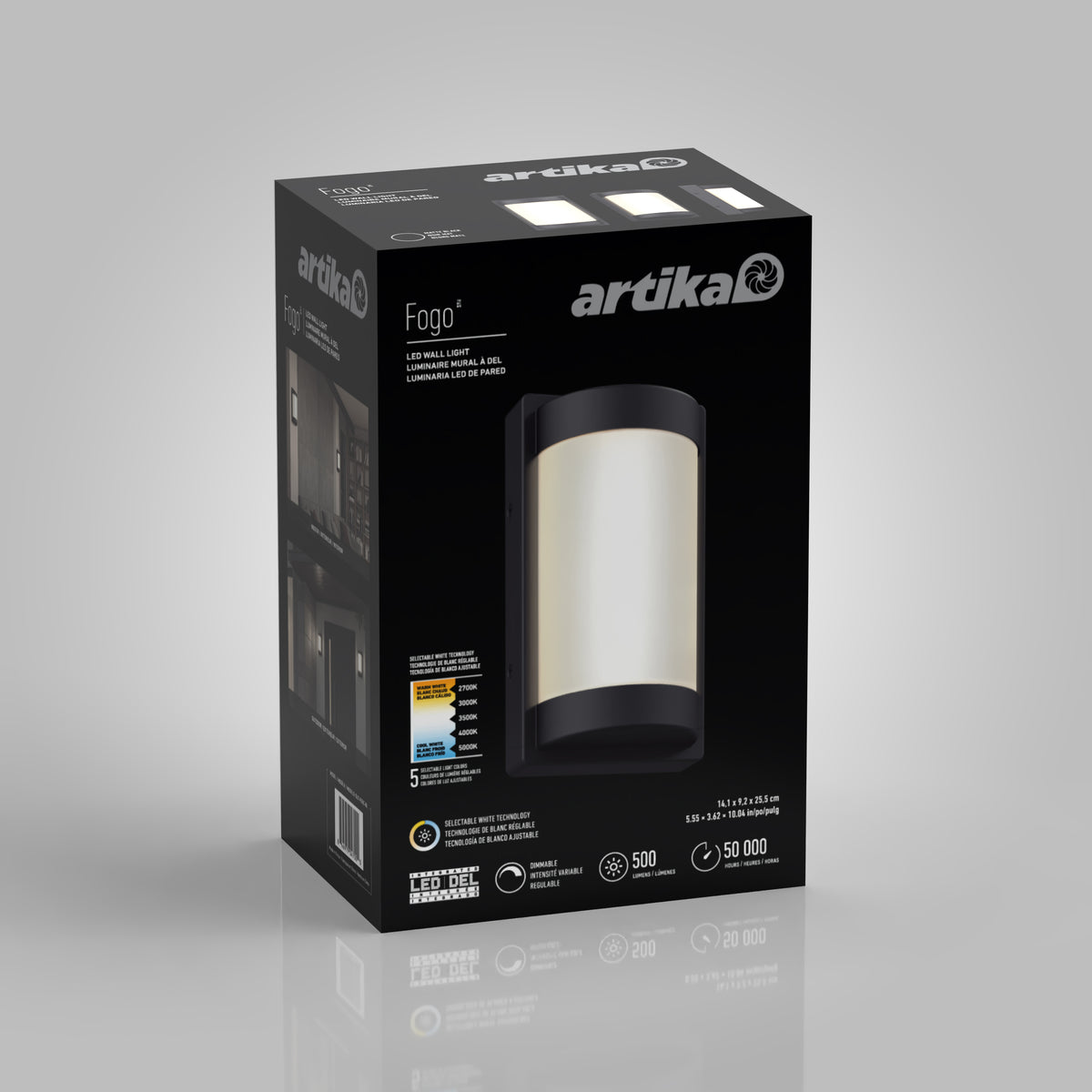 A black Artika Fogo LED wall light is shown on its packaging box, which features product images, specifications, and branding on a gray background.