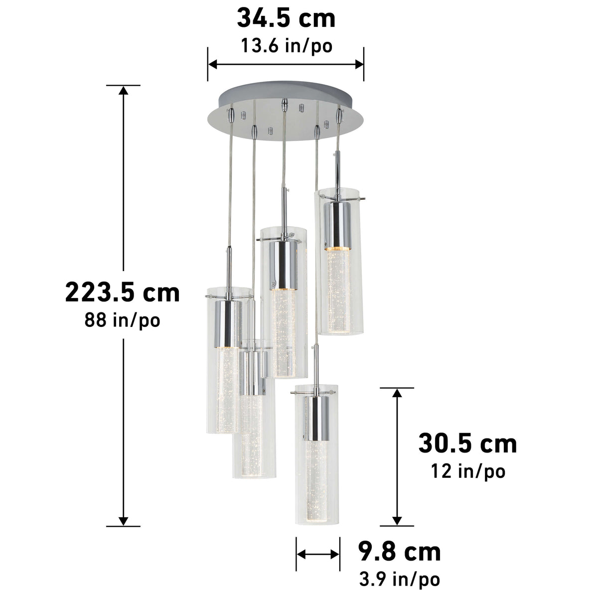 Modern pendant light fixture with five cylindrical glass lights hanging at different lengths from a round ceiling mount. Dimensions are labeled: 34.5 cm wide, 223.5 cm high, each light 30.5 cm tall and 9.8 cm in diameter.