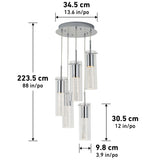 Modern pendant light fixture with five cylindrical glass lights hanging at different lengths from a round ceiling mount. Dimensions are labeled: 34.5 cm wide, 223.5 cm high, each light 30.5 cm tall and 9.8 cm in diameter.
