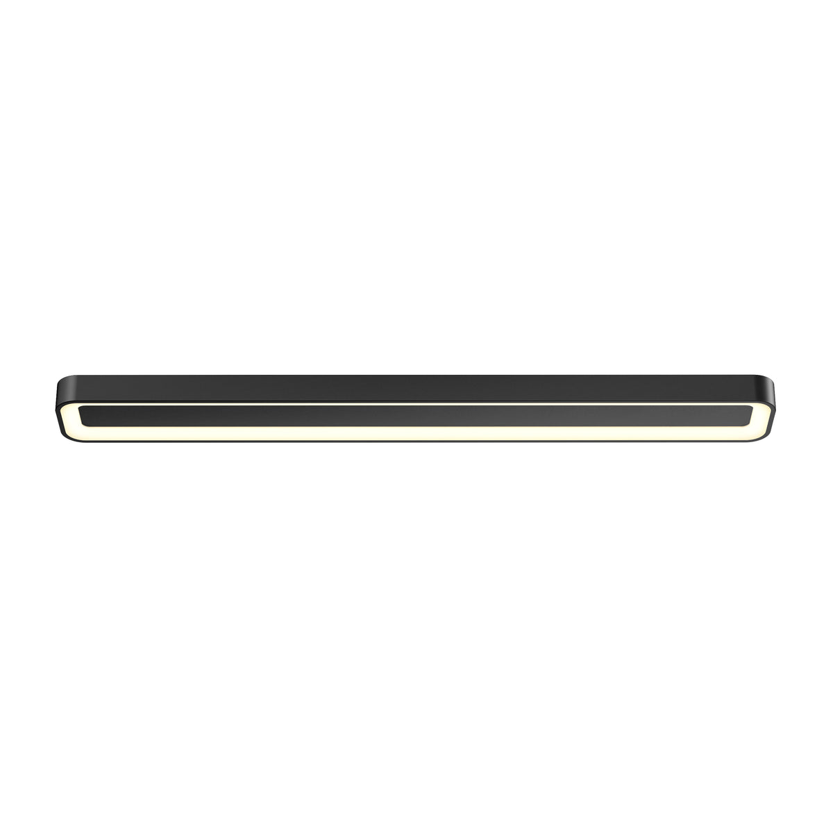A modern, rectangular black ceiling light fixture with rounded edges and a glowing LED strip along the bottom edge, set against a plain white background.