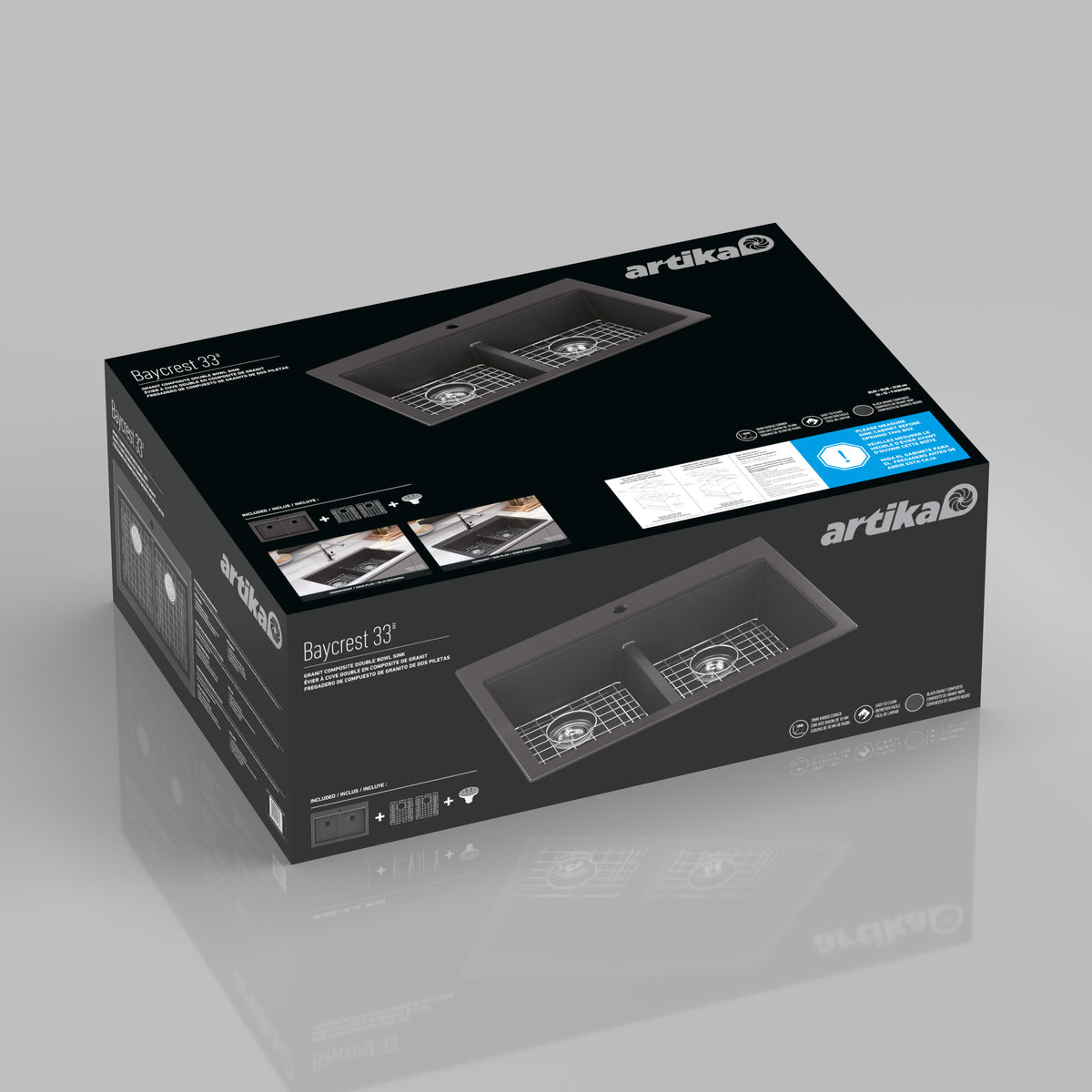 A black Artika Baycrest 33 in. double bowl kitchen sink box, featuring two basins and product highlights on the packaging.