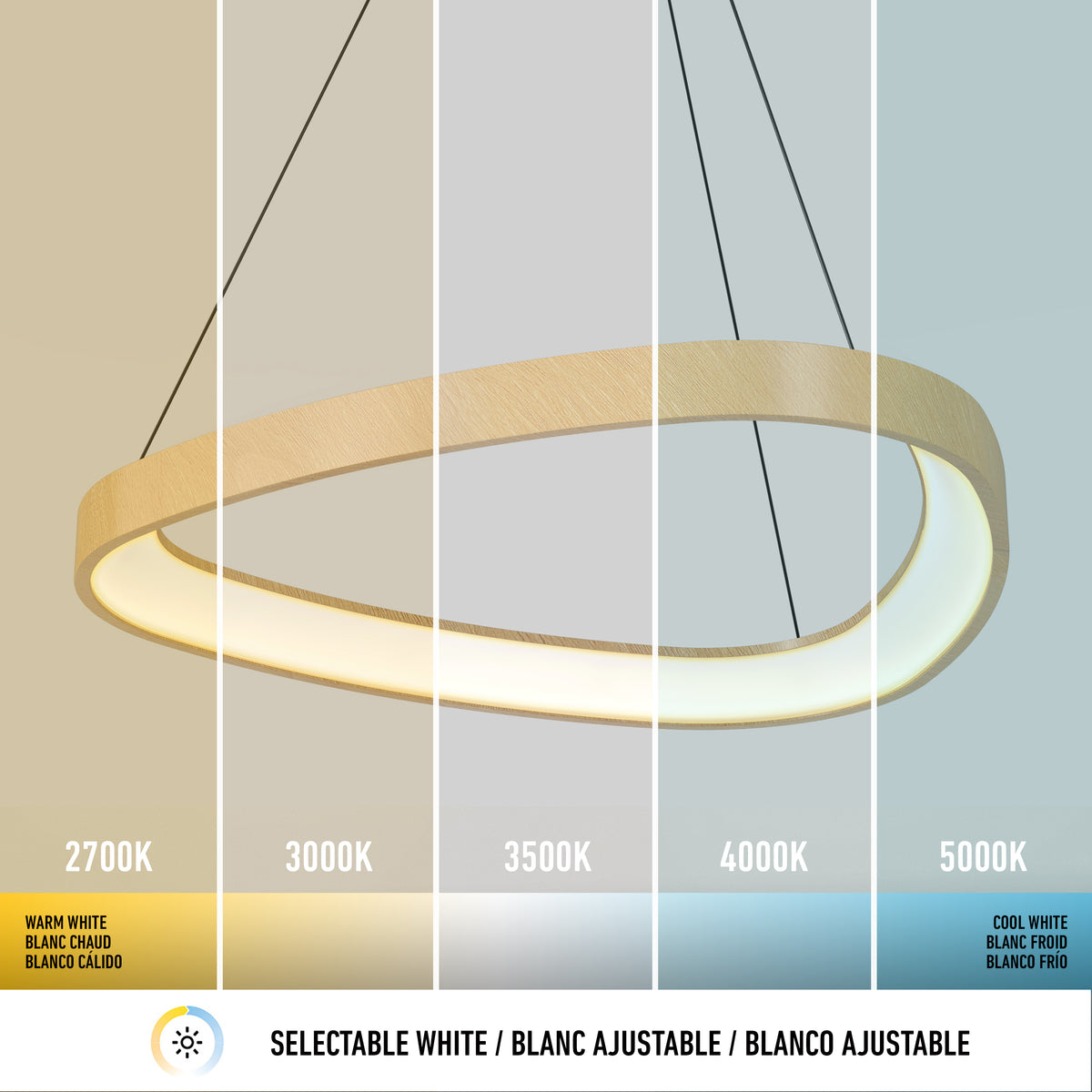 A modern circular pendant light is shown under five different color temperatures, ranging from warm white (2700K) to cool white (5000K), with labels and a gradient background illustrating the light color changes.