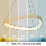 A modern circular pendant light is shown under five different color temperatures, ranging from warm white (2700K) to cool white (5000K), with labels and a gradient background illustrating the light color changes.