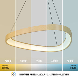 The Artika Bjorn modern LED pendant light 5 CCT hangs from the ceiling, shown with five selectable white color temperatures—2700K, 3000K, 3500K, 4000K, and 5000K—ranging from warm to cool white.